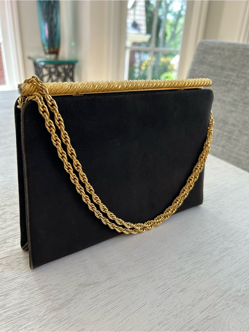Vintage Morley Black Suede Clutch with Gold Chain Strap